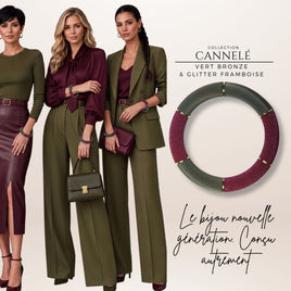 Bracelet Cannelé double teinte, Vert Bronze & Glitter Framboise